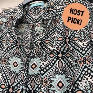 Aztec Print Sheer See Through Blouse with 3/4 Length Sleeves